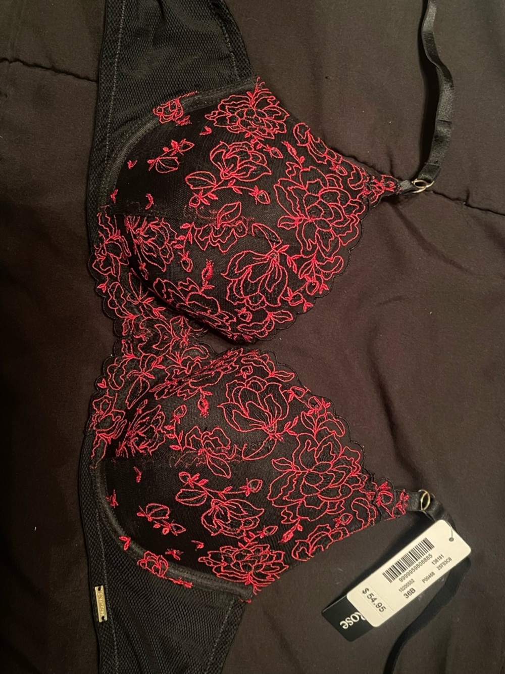 La Vie En Rose Black Bra with Red Floral Embroidery
